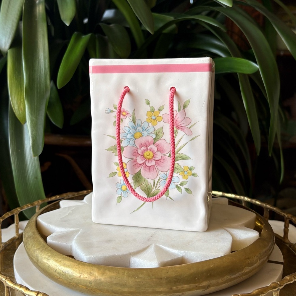 1980’s F.T.D.A Floral Bag Planter Pot Vase - Vintage Japanese Ceramic Decor